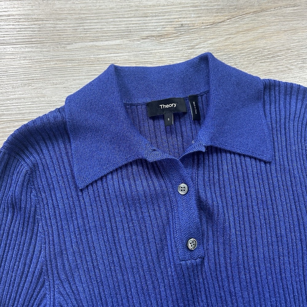 Theory Ribbed Polo Sweater Womens Small Blue Long Sleeve Knit Top Raglan - Picture 2 of 11